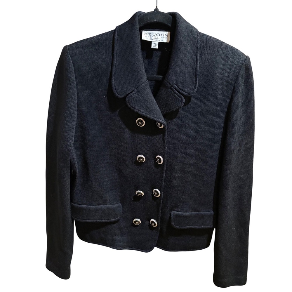 St. John Black Knit Double Breasted Jacket Blazer Vintage Size 10